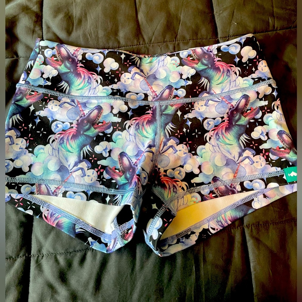 WODBottom CrossFit Shorties in Black/T-Rex print. Size small